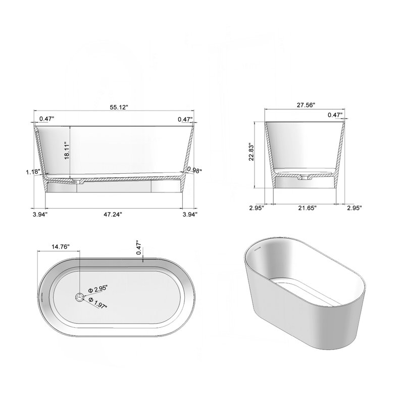 Baignoire de trempage autoportante de 55 pouces à surface solide blanc mat 25S16-14PS