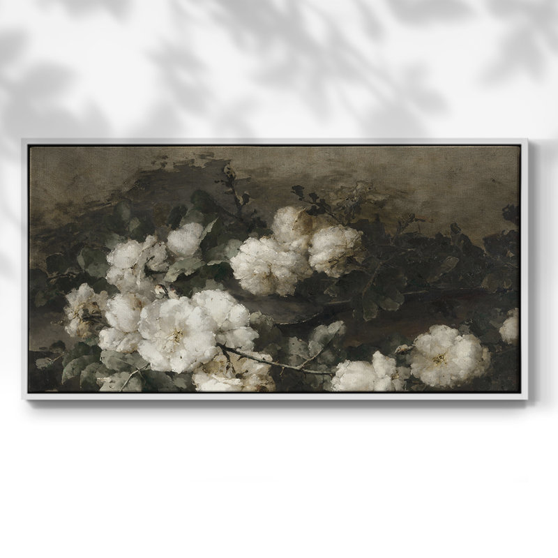 Botanical Series-CDII- Toile tendue avec châssis tendue, prête à être accrochée, H 21 po x l 41 po, Blanc