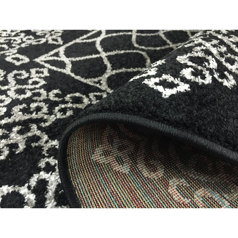 Abstract Border Trellis Black Power Loomed Area Rug, Rectangle 4'11" x 6'11"