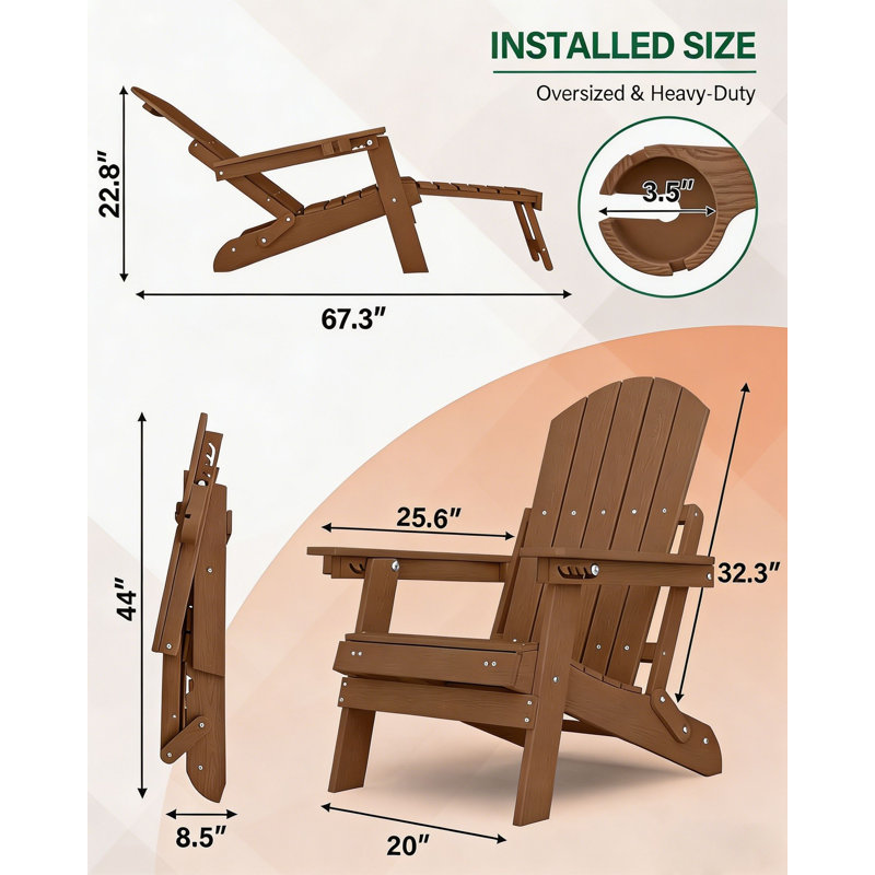 Chaise pliante Adirondack d'extérieur réglable avec repose-pieds et 2 porte-gobelets Chaise de patio réglable à 5 niveaux pour la pelouse, la piscine, le patio, le teck