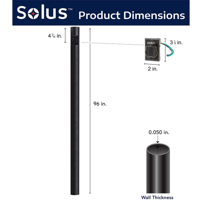 Solus 7, 8, or 10 ft. Outdoor Hardwired Direct Burial Lamp Post with Convenience Outlet, Black, 96" H x 3" W x 3" D