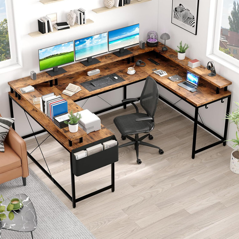 U Shaped Desk, Gaming Desk With Monitor Stand And LED Lights, Reversible Shaped Large Computer Desk With Power Outlets, Office Desk With Storage Bag And Hooks