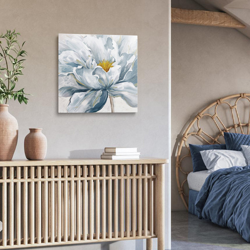 Impression d'art floral moderne peint à la main en bleu et blanc, H 18 po x l 18 po x P 1,5 po