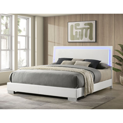 White High Gloss Eastern King Bed With Integrated Led Lights, Modern Design, Headboard And , Slatted Ambiance Panel Finish, Contemporary Style, Structured Design For Ventilation