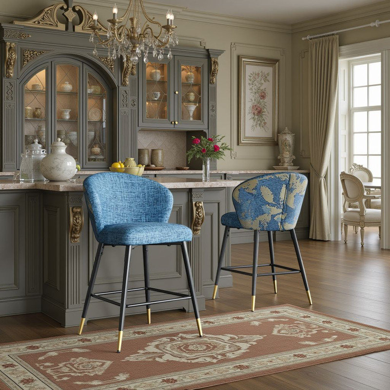 Ensemble de 2 chaises de bar rembourrées Jacquard, Bleu