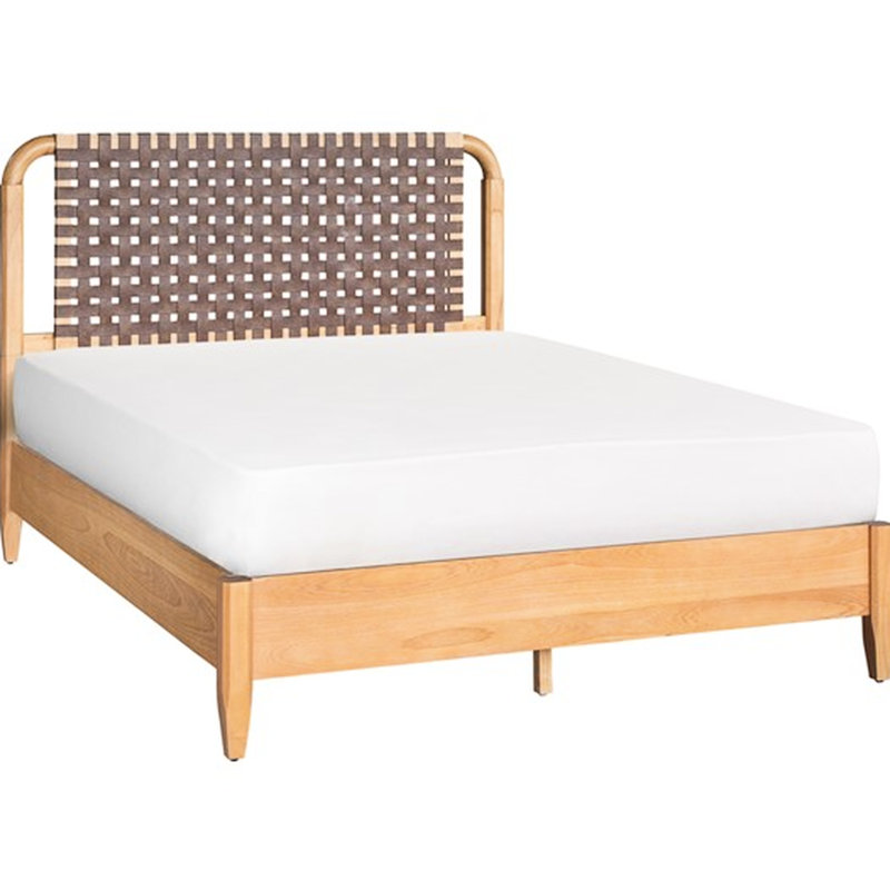 Grand lit tissé en similicuir avec éléments de style Mid-Century, structure en bois massif, tête de lit à style ouvert, pieds fuselés, 5 lattes, lit à assembler, conception, fabrication, finition érable arrondi
