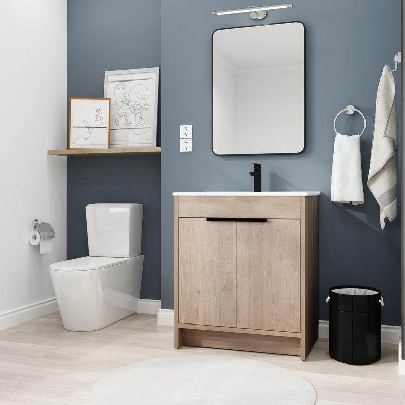 Bathroom Freestanding Vanity, 30 Inch. White Ceramic Sink And 2 Doors. Modern. Plain Oak. Plywood. Adjustable Shelf. Metal Handles For A Cute 30" Vanity With Sink. Soft-Close Cabinet Modern Design.
