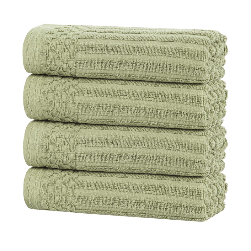 Kleiman Cotton Highly Absorbent Solid and Checkered Border Hand Towel Set, Sage Green
