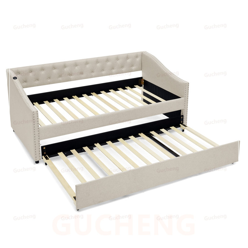 Lit de jour simple avec chargement USB, lit escamotable extensible et dossier capitonné élégant, Beige
