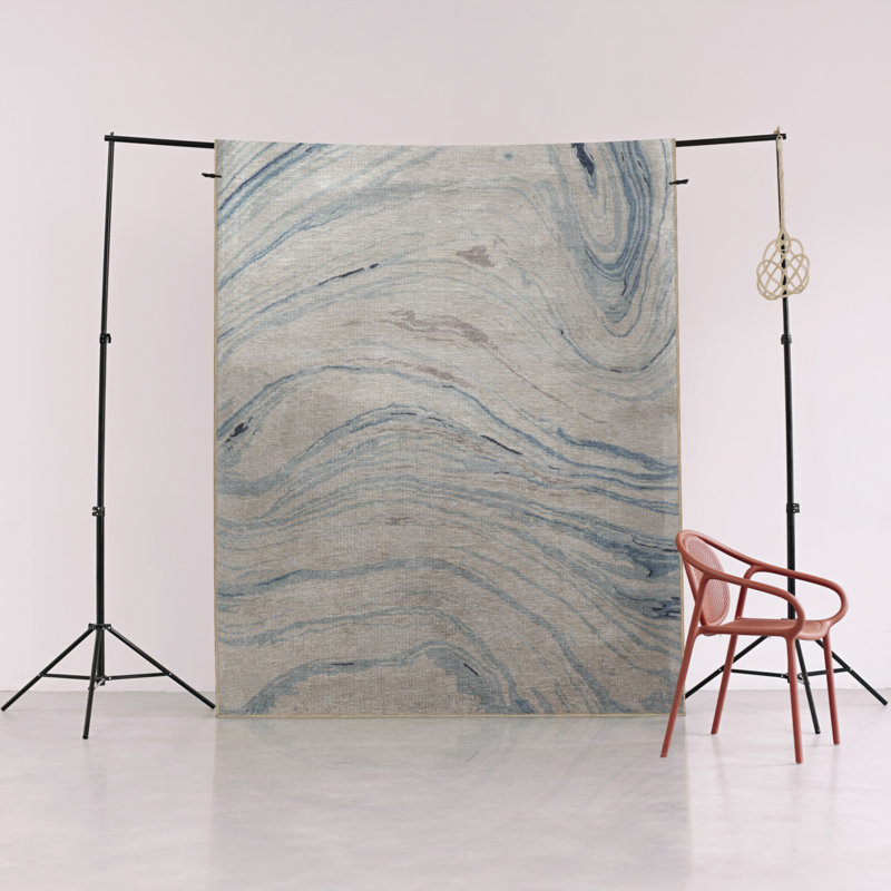 Tapis décoratif moderne à motif abstrait ondulé bleu et beige, Tapis de couloir 3 pi 4 po x 9 pi 11 po