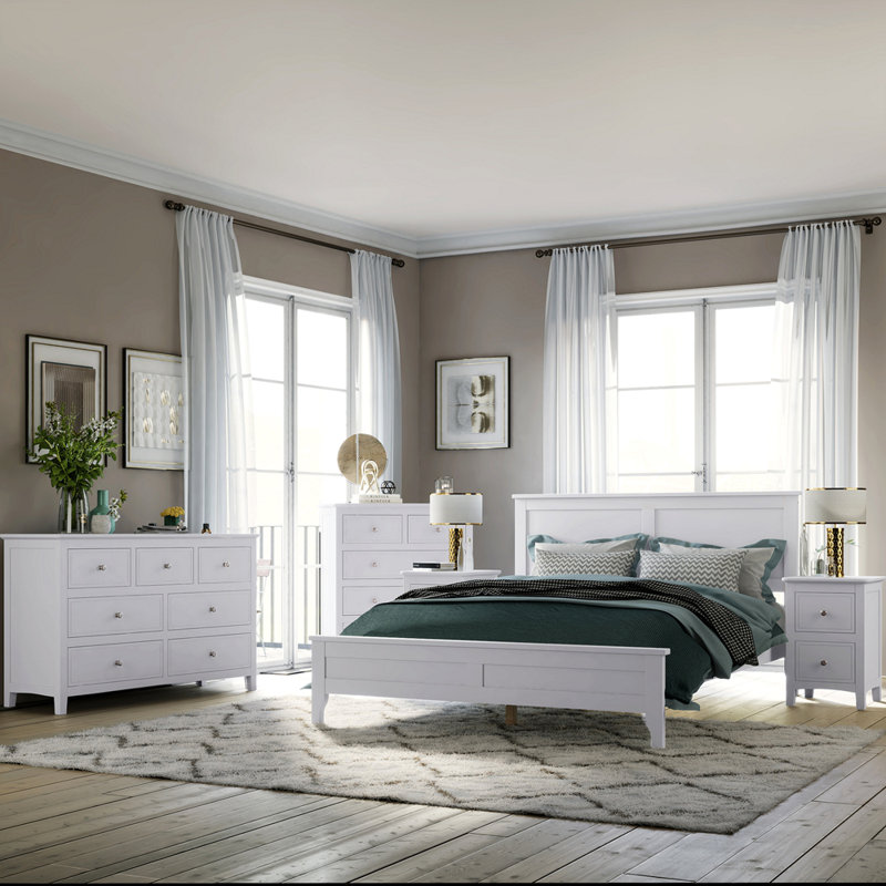 White Solid Wood 5 Pieces Bedroom Sets(Bed+Nightstand*2+Chest+Dresser), Full