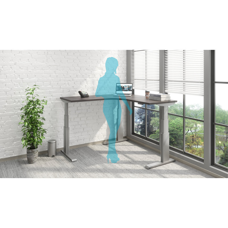 Wildermuth Adjustable L-Shaped Metal Base Standing Desk with Power Outlet, Driftwood/Silver