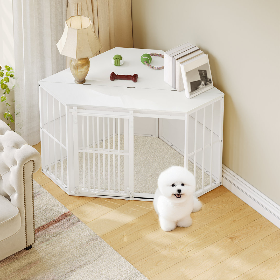 Corner Dog Crate Furniture with Cushion, Wooden Dog Crate with Barn Door, Indoor Kennel for Small and Medium Dogs, End Side Table Animal Crates, 107 ×