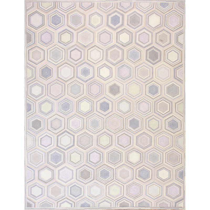 Tapis gris / blanc en laine noué à la main de conception unique 8 pi x 10 pi