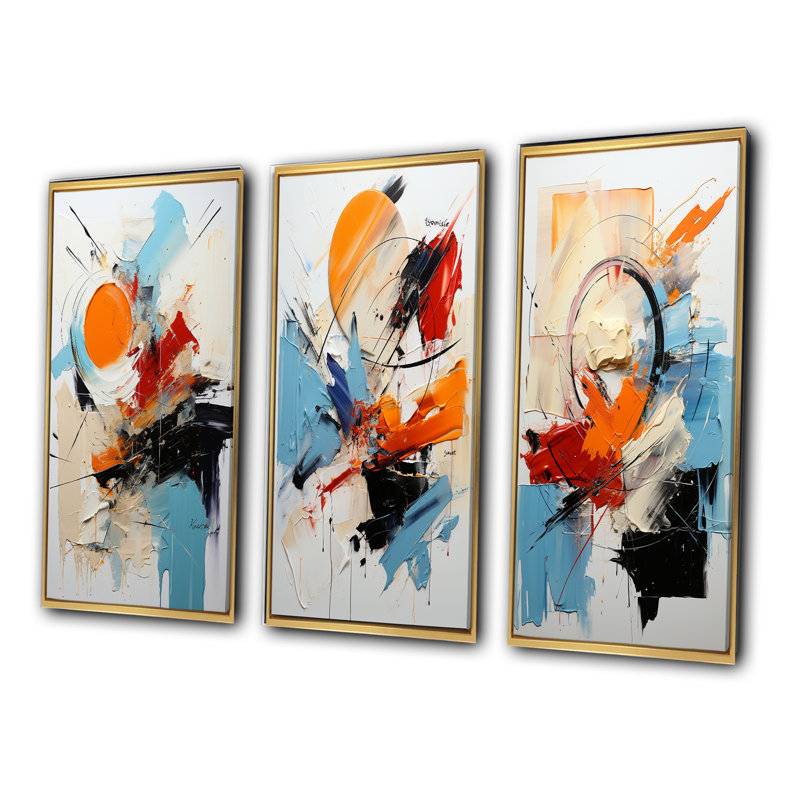«Cerulean Passager of Fragile Wisdom Abstract», ensemble de 3 reproductions, Cadre flottant doré, H 28 po x l 36 po