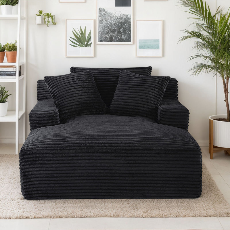 Oversized Upholstered Chaise Lounge Sofa Corduroy Sleeper Sofa with 3 Pillows, 28.4" H x 48" W x 66" D, Black