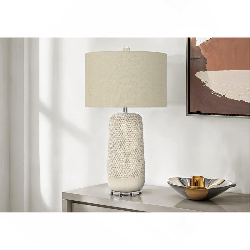 Table Lamp, 31 Inch Raised Texture Beige Ceramic, Ivory Linen Shade