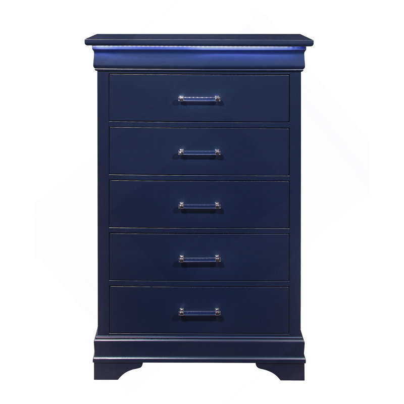 Commode verticale en bois manufacturé avec 5 tiroirs, Bleu