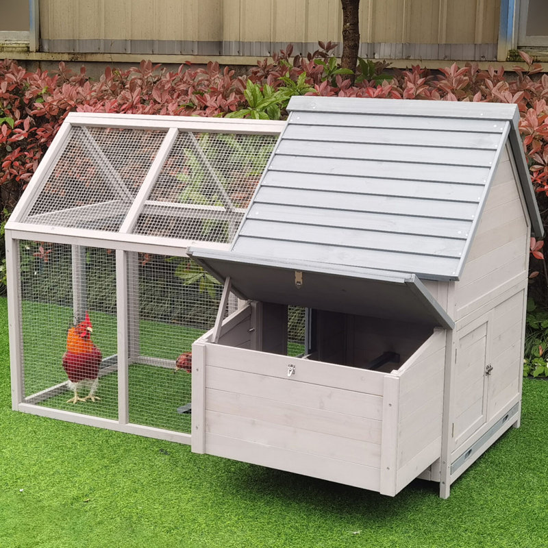 Gray Wooden Chicken Coop with Ramp and Waterproof Roof