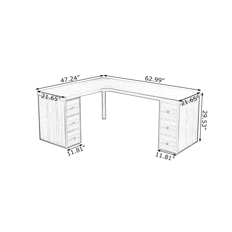 Bureau en forme de L en bois de noyer clair 62,99 po avec 6 tiroirs, H 29,53 po x l 62,99 po x P 47,24 po, Retour à gauche