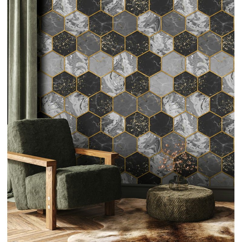 Papier peint noir, gris, marbre, hexagone, ligne dorée, L 105,96 po x l 187 po