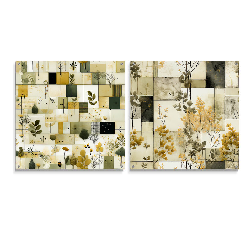 «Green Cubic Botanical Dreams» - Ensemble de 2 verres muraux abstraits en acrylique, H 16 po x l 33 po