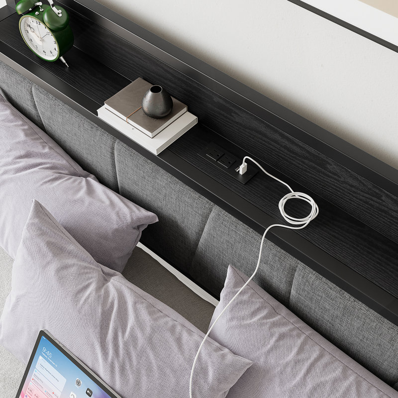 Structure de lit grand, tête de lit avec station de charge, solide et stable