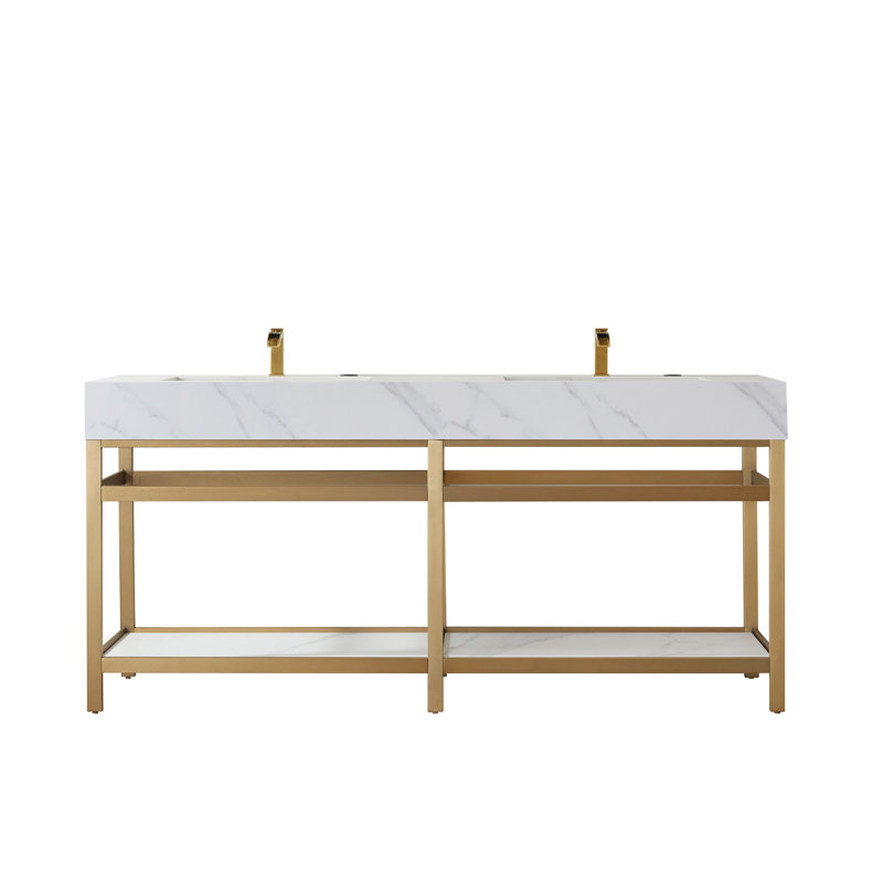 Bilbao 72'' Double Bathroom Vanity with Stone Top, White Stone, Brushed Gold