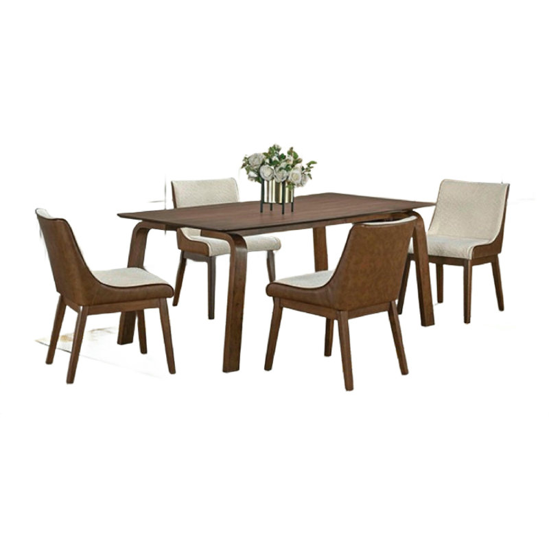 Iken 7Pc Dining Table Set, 6 Cream Fabric Chair, Tapered Legs, Brown Wood, 7 Pieces: Table, 6 Chairs