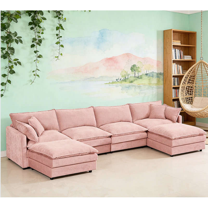 Modular Sectional Sofa U Shaped Couch Set, Pink Chenille