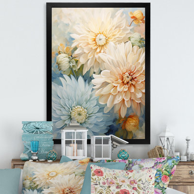 «Blooming White Mums» sur fond bleu I sur toile