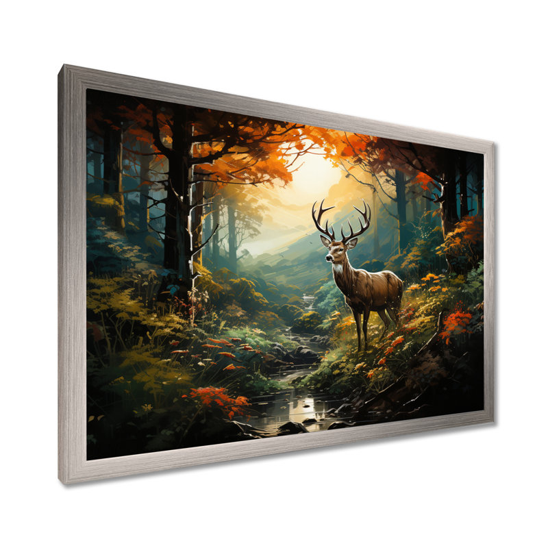 Vert et brun, cerf dans la forêt, impression d'art animalier mural, Cadre de coin argenté fermé, H 12 po x l 20 po x P 1 po