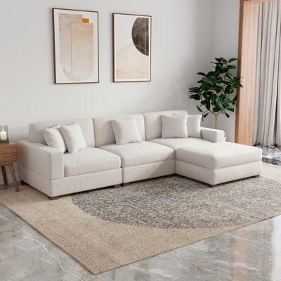 4 - Piece Upholstered Beige Corduroy Modular Sectional Sofa with Pillow Back and Removable Ottoman