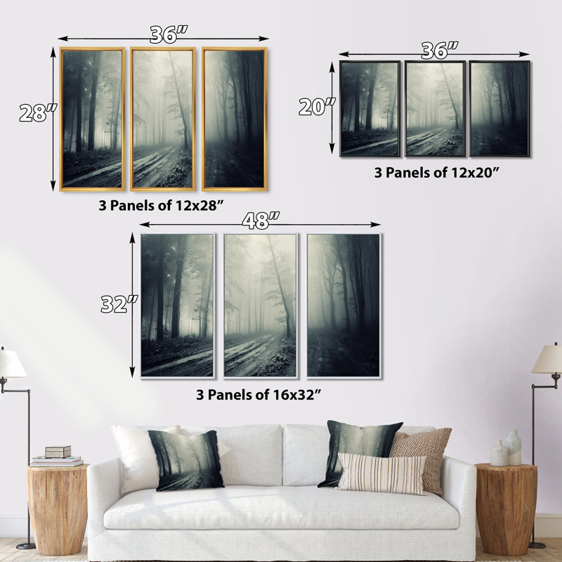 «Spooky Dark Forest With Fog», ensemble d'art mural sur toile encadré paysage, H 20 po x l 36 po x P 1 po, Cadre blanc