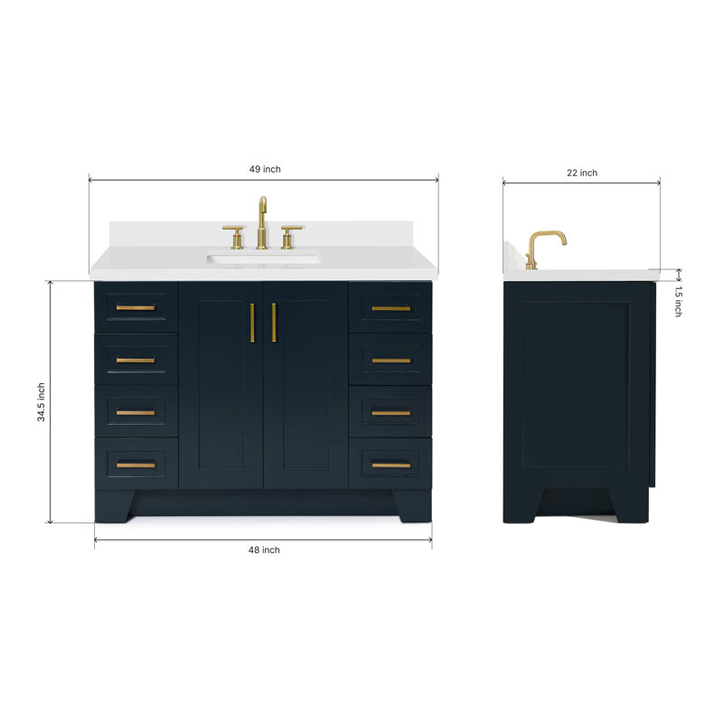 Freitas 48'' Solid Wood Single Bathroom Vanity, Midnight Blue, Rectangle, White Quartz