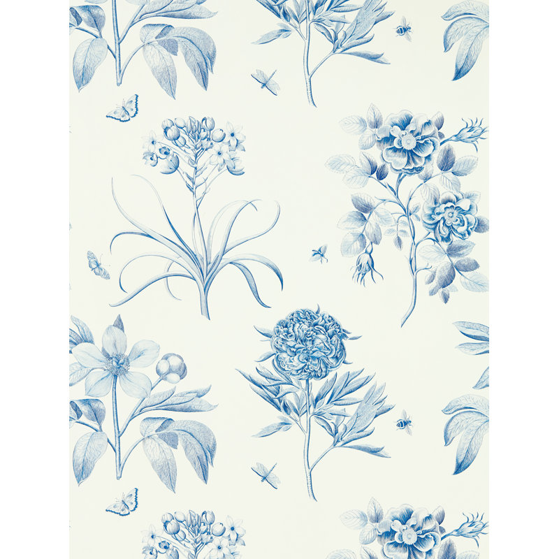 Etchings & Roses Wallpaper, China Blue