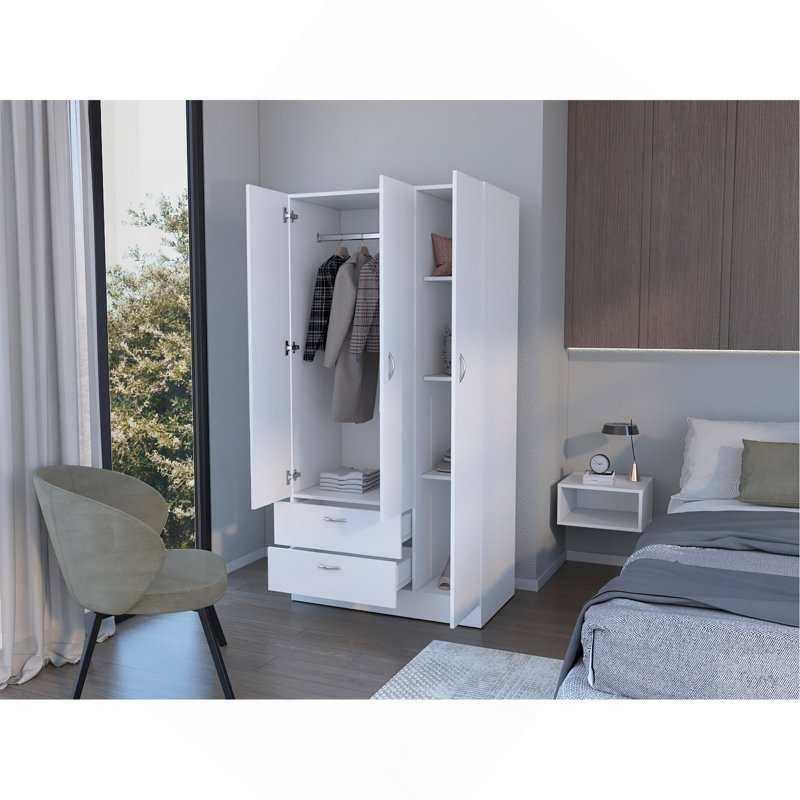 Armoire moderne Eloy avec beaucoup de rangement, un miroir, deux tiroirs, quatre tablettes et une tringle
