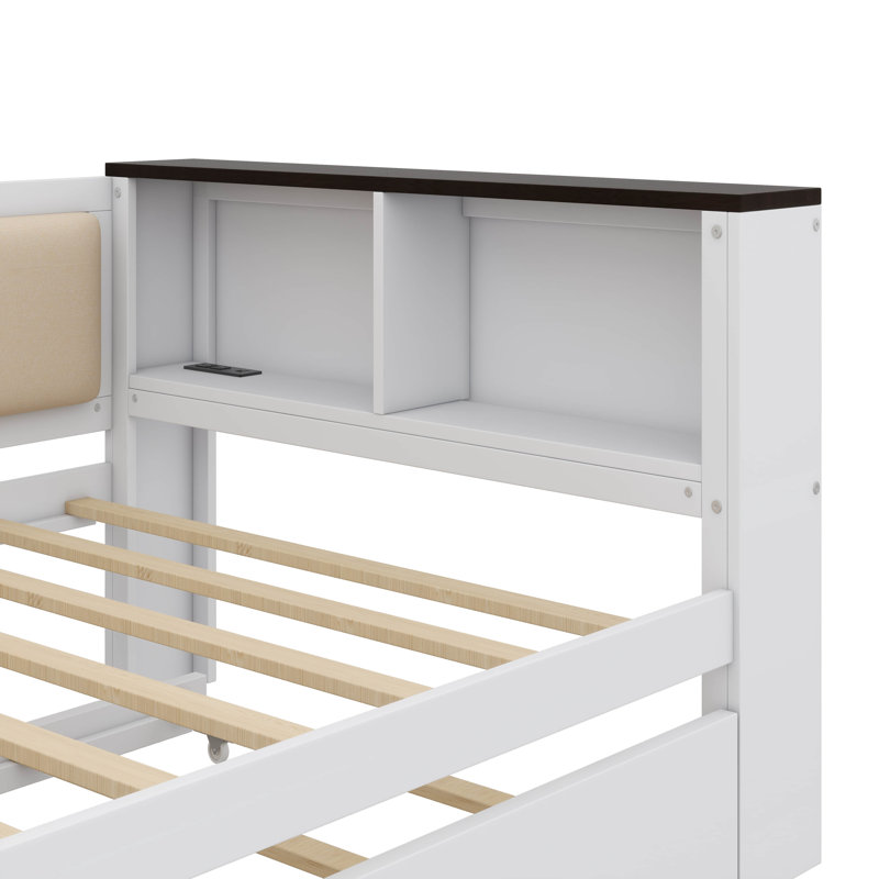 Wood Daybed With Storage Shelves, Upholstered Backrest,USB And Trundle, Twin