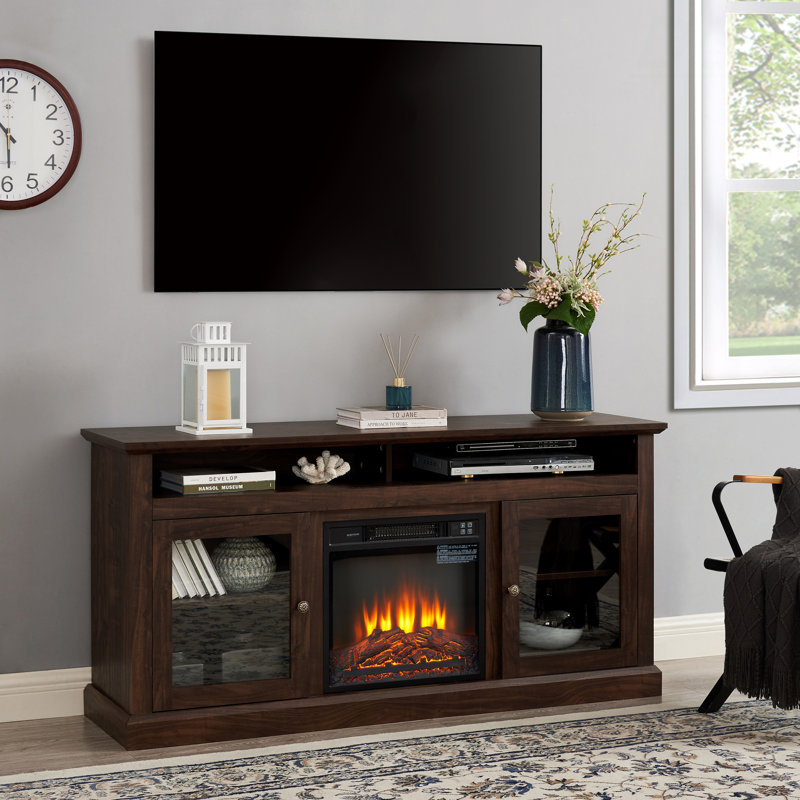 Contemporary TV Media Stand Modern Entertainment Console With 18" Fireplace Insert For TV Up To 65" With Open And Closed Storage Space, 60"W*15.75"D*29"H, TV Stand