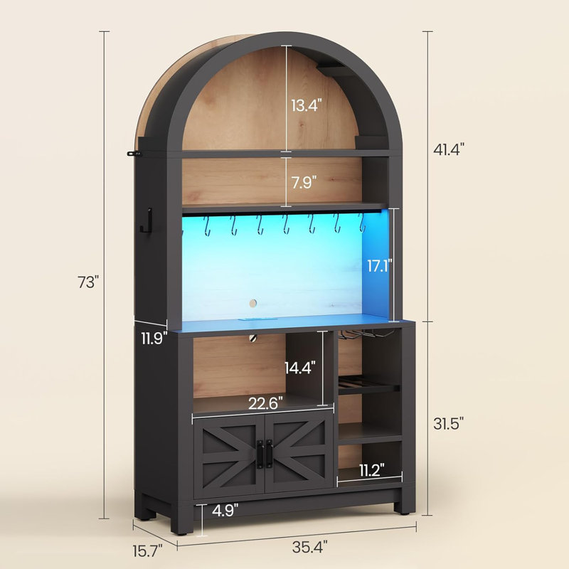 73" Tall Arched Bakers Rack, Coffee Station With Power Outlet, Black