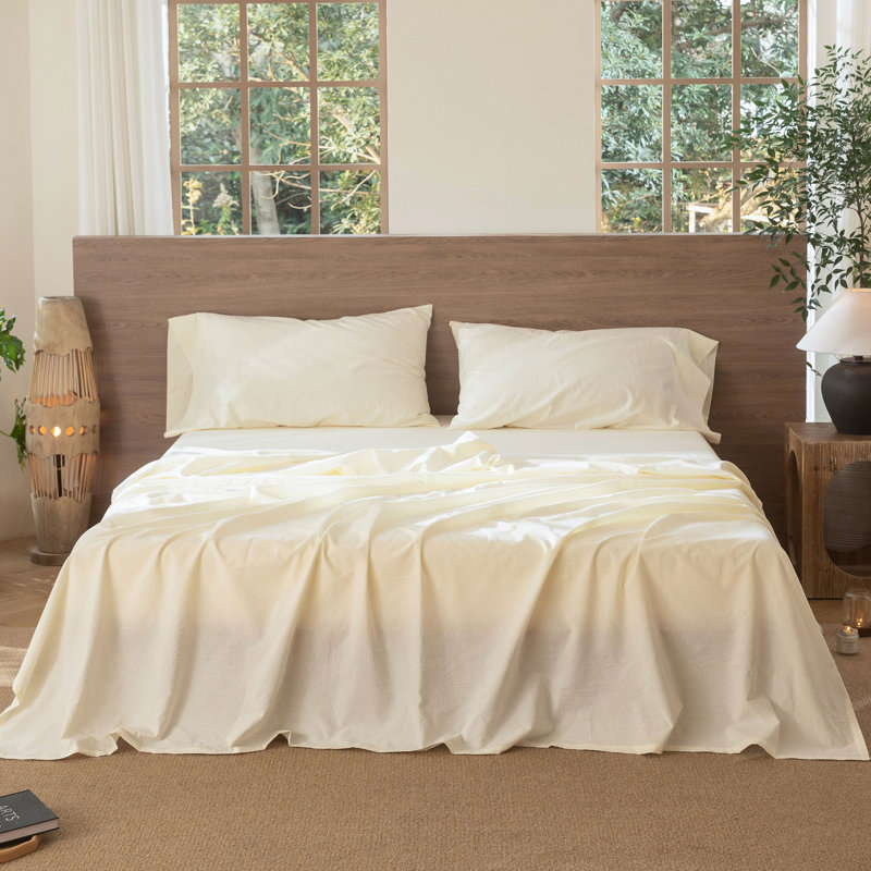 Drap plat 100% coton lavé MooMee, Blanc, crème, Drap plat grand