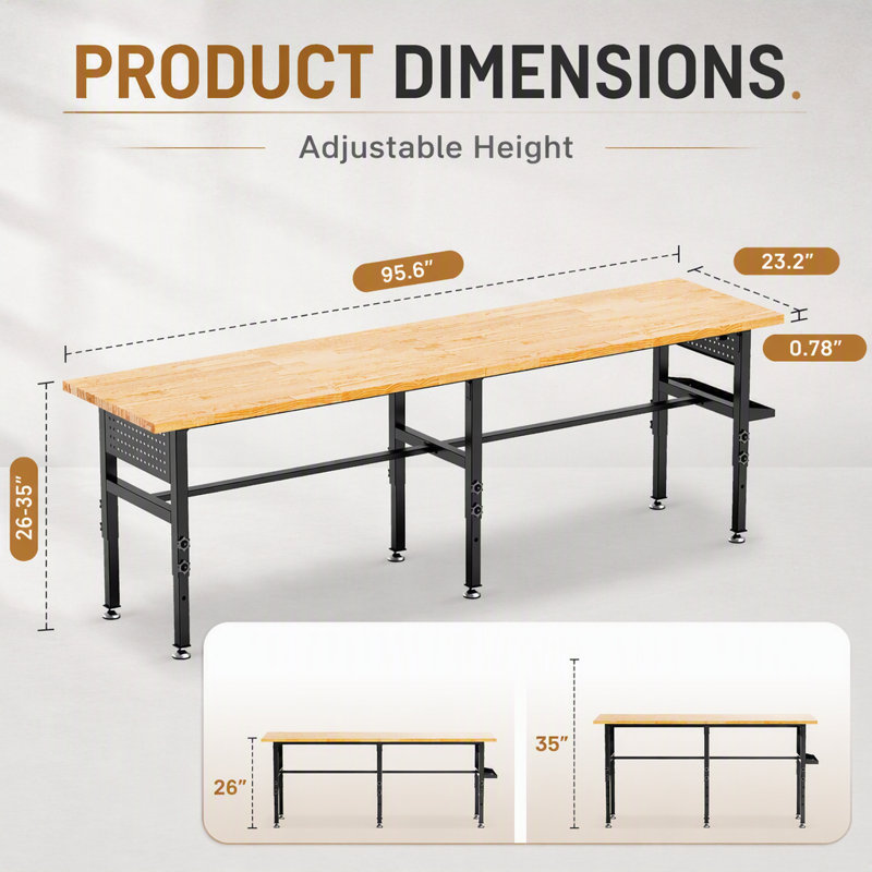 Fixable de 244 cm (96 po) avec panneau perforé latéral, plateau en bois massif, capacité de 907 kg (2 000 lb) et prise de courant pour garage et atelier