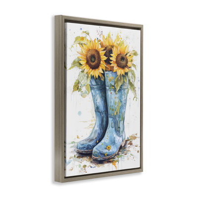 Cadre flottant avec bottes de pluie bleues et tournesols, design par Tina LeCour