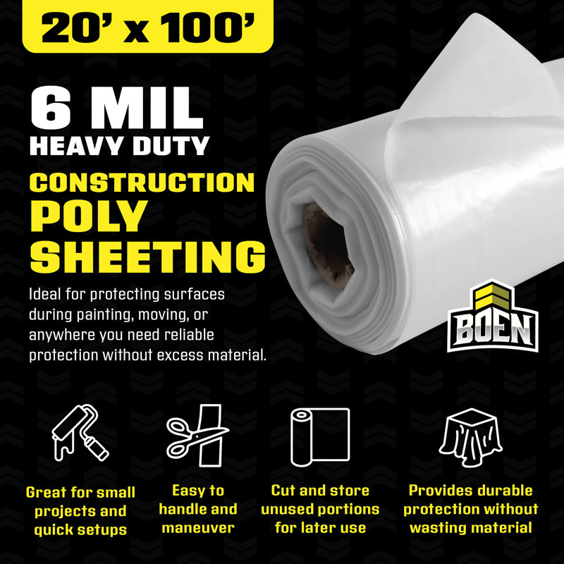 Boen Clear Plastic Sheeting 20 ft. x 100 ft., 6 Mil Heavy-Duty Waterproof Poly Film for Dust Containment, Crawl Spaces & Construction Use