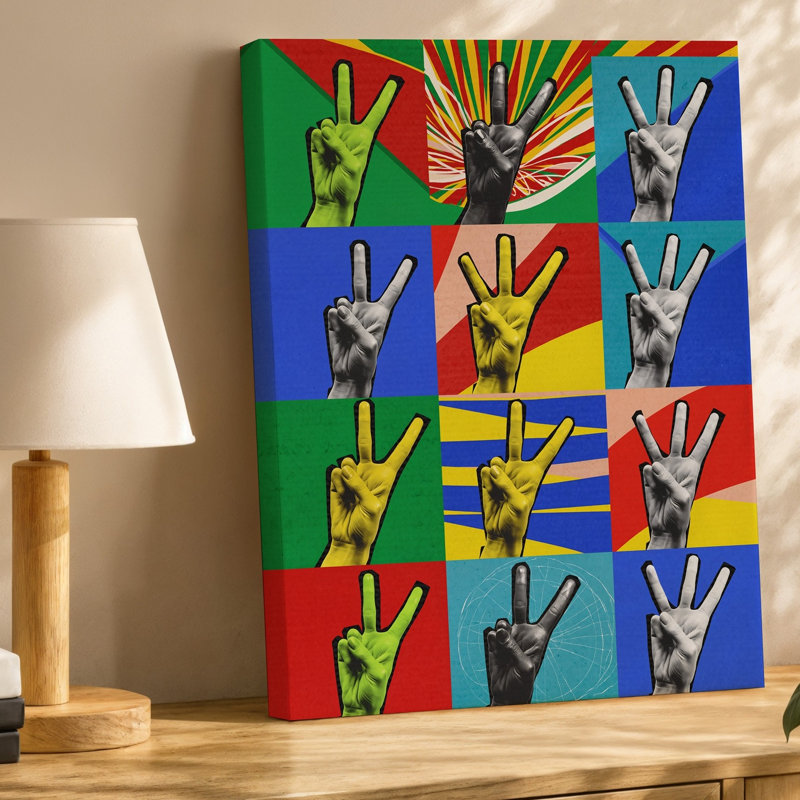 Toile d'un collage de style Pop Art éclatant avec un motif répétitif d'art de signe de paix, geste de la main, rendu sur toile