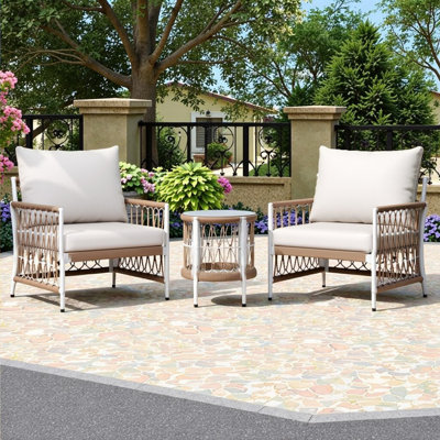 Bohemian Outdoor 3-Piece Lounge Set with 2 Chairs & Glass Table,Waterproof Cushions