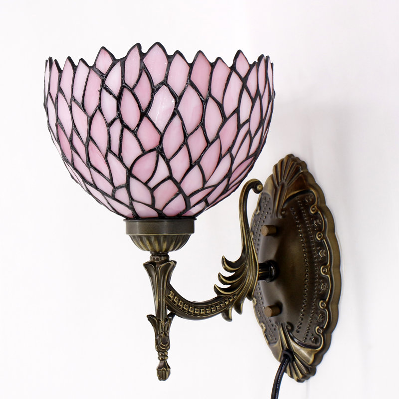 Tiffany Wall Sconce Lamp Stained Glass 8X10.5X11 Inch Plug in Wall Bedside Light for Hallway Bedroom (Pink Wisteria Style)