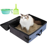 Portable Litter Box For Cats For Travel, Flodable Cat Travel Litter Box With Lid And Handle Standard Collapsible Litter Carrier For Cat (L,Black/Blue)