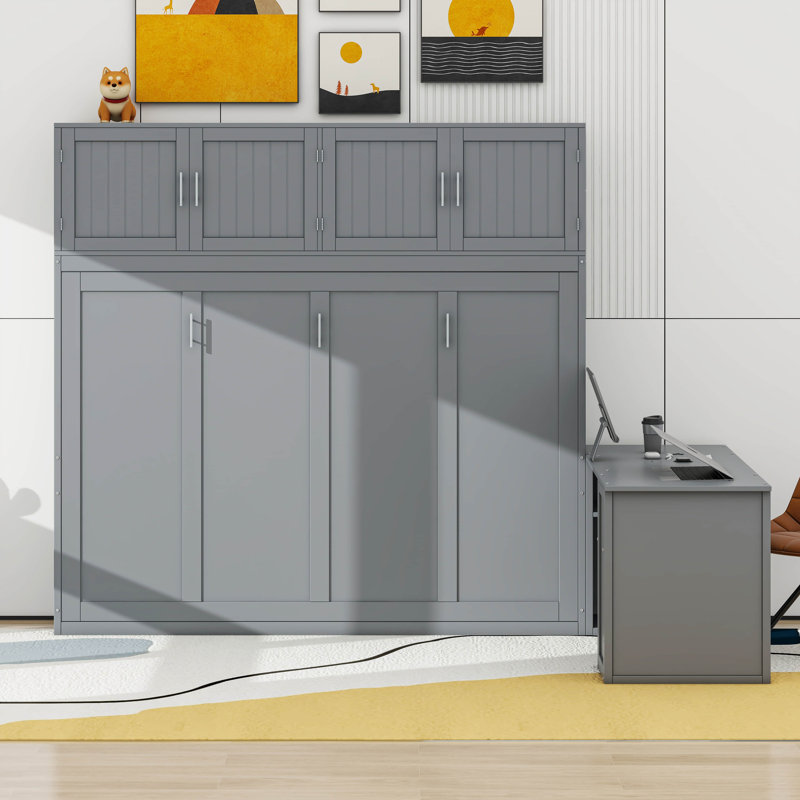 Grand lit escamotable mural avec bureau, tablettes et armoires, gris