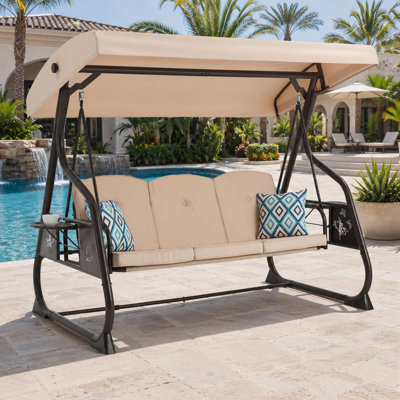 Heavy-Duty 3-Seater Patio Porch Swing Bed with Adjustable Canopy and Foldable Side Tables